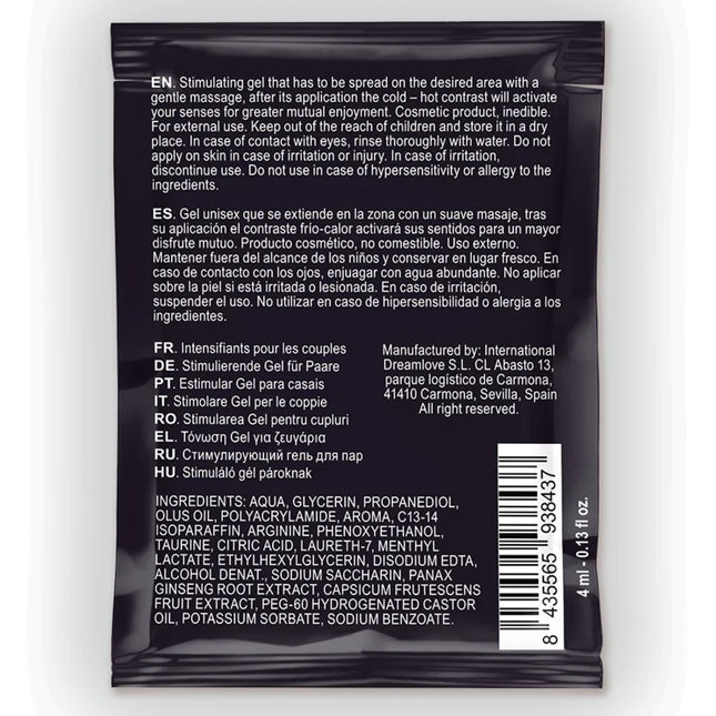 Schwarze tasche mit 4 ml spartans kalt-heiss effekt gel für paare rückseite mit mehrsprachiger anleitung und zutatenliste