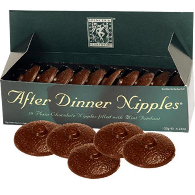 Dunkle schokoladenscheiben mit gewelltem, strukturiertem zentrum und glatten kanten von spencer und fleetwood after dinner nipples 8 einheiten