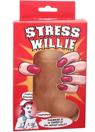 Brauner silikon stresslinderer stress willie in roter verpackung von spencer und fleetwood anti stress penis