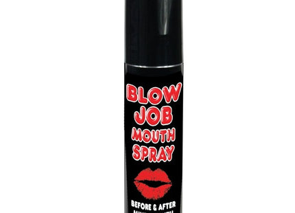 Schwarze zylindrische dose blow job mundspray mit rotem und weißem text und grafik von lippen spencer und fleetwood erfrischendes minze spray 25 ml