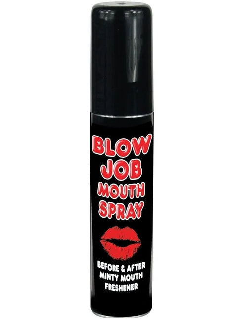 Schwarze zylindrische dose blow job mundspray mit rotem und weißem text und grafik von lippen spencer und fleetwood erfrischendes minze spray 25 ml