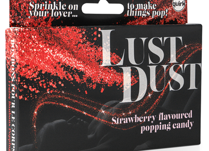 Rote glitzernde erdbeergeschmack essbares pulver in schwarzer box mit silbernem quirK logo von spencer & fleetwood