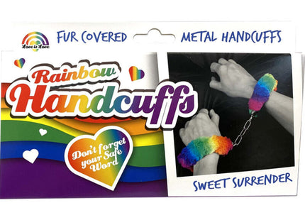 Spencer und Fleetwood handschellen aus metall mit regenbogengefüttertem fell und kettenverbindung