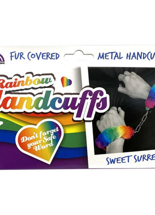 Spencer und Fleetwood handschellen aus metall mit regenbogengefüttertem fell und kettenverbindung