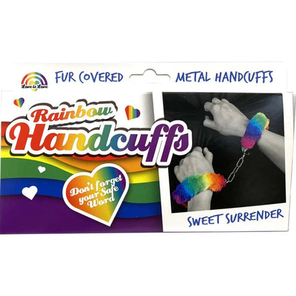 Spencer und Fleetwood handschellen aus metall mit regenbogengefüttertem fell und kettenverbindung