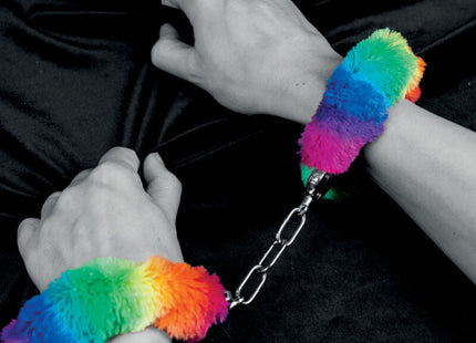 Spencer & fleetwood handschellen aus metall mit regenbogengefütterten flauschigen handschlaufen und kette