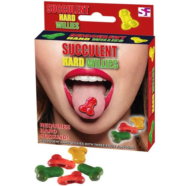 Spencer and fleetwood harte penis-süßigkeiten aus roten grünen und gelben durchscheinenden gummibonbons in drei geschmacksrichtungen