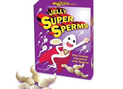 Lila verpackung von spencer & fleetwood jelly super sperm, pina colada aroma, gummi candy in spermienform, 120 g