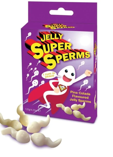 Lila verpackung von spencer & fleetwood jelly super sperm, pina colada aroma, gummi candy in spermienform, 120 g