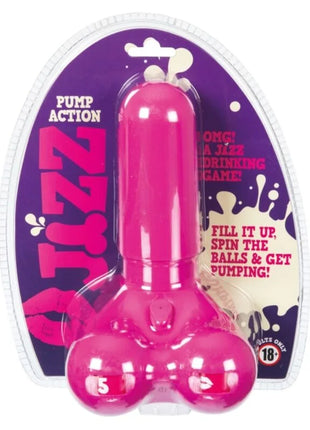 Bright pinkes kunststoff pump-aktions-jiz-trinkspiel von spencer & fleetwood mit drei kugeln am fuß