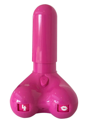 Rosa plastiklippenstift-halter mit herzförmiger basis und zwei fächern mit nummer 4 und lippenmotiv von spencer & fleetwood
