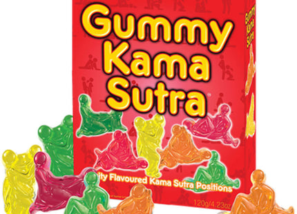 Eine lebendige rote box mit translucenten, bunten gummy kama sutra figuren von spencer & fleetwood
