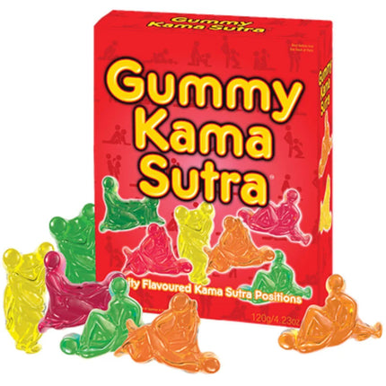 Eine lebendige rote box mit translucenten, bunten gummy kama sutra figuren von spencer & fleetwood