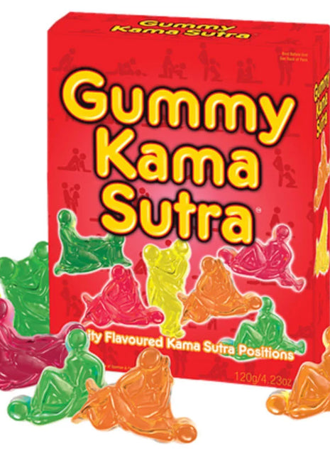 Eine lebendige rote box mit translucenten, bunten gummy kama sutra figuren von spencer & fleetwood