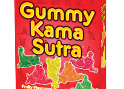 Roter spencer und fleetwood kamasutra-gummies box mit bunten durchsichtigen gummifiguren in verschiedenen posen