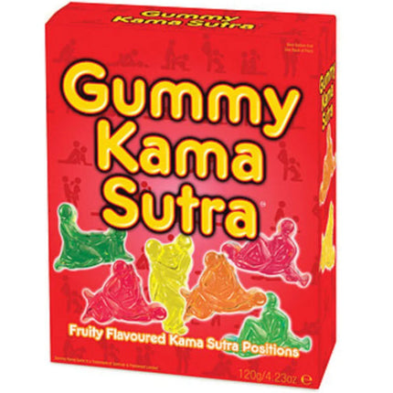 Roter spencer und fleetwood kamasutra-gummies box mit bunten durchsichtigen gummifiguren in verschiedenen posen