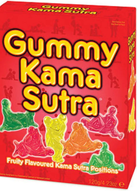 Roter spencer und fleetwood kamasutra-gummies box mit bunten durchsichtigen gummifiguren in verschiedenen posen