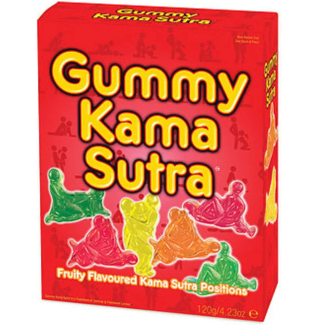 Roter spencer und fleetwood kamasutra-gummies box mit bunten durchsichtigen gummifiguren in verschiedenen posen