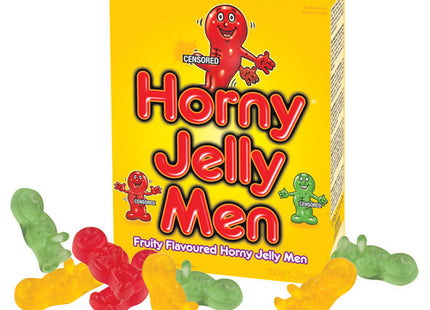 Helle gelbe schachtel mit kaubonbons in form einer puppe mit penis, featuring rote und grüne cartoonfiguren