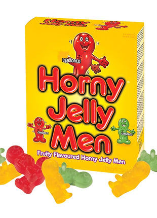 Helle gelbe schachtel mit kaubonbons in form einer puppe mit penis, featuring rote und grüne cartoonfiguren