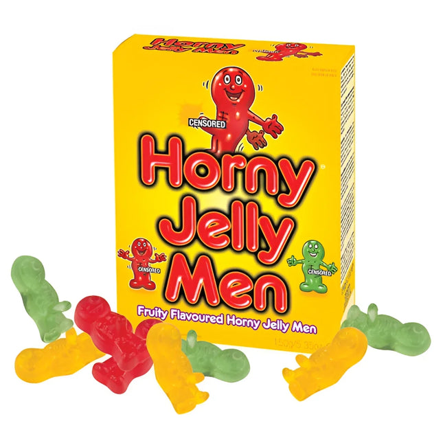Helle gelbe schachtel mit kaubonbons in form einer puppe mit penis, featuring rote und grüne cartoonfiguren