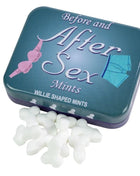 Teal metallische dose spencer und fleetwood mit weißen penisförmigen pfefferminzbonbons vor und nach dem sex