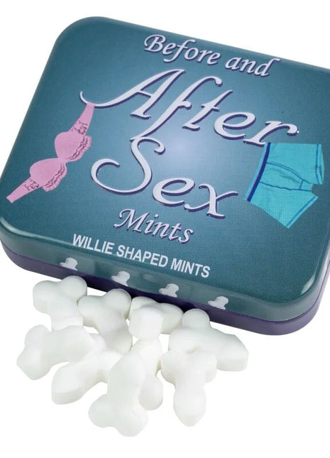 Teal metallische dose spencer und fleetwood mit weißen penisförmigen pfefferminzbonbons vor und nach dem sex