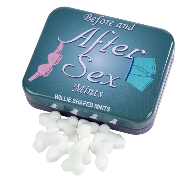 Teal metallische dose spencer und fleetwood mit weißen penisförmigen pfefferminzbonbons vor und nach dem sex