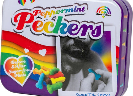 Spencer and fleetwood peckers mint rainbow candy in a purple white tin with rainbow hearts love is love logo and lips photo