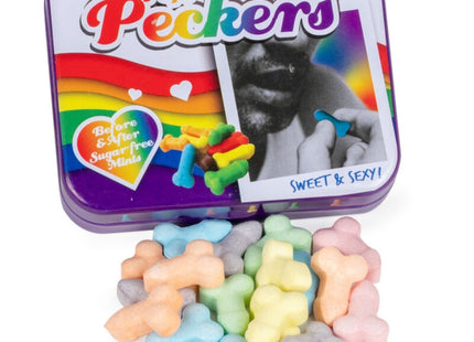 Spencer and fleetwood peckers mint rainbow candy zeigt regenbogenfarbene keksförmige pfefferminzbonbons in violettem blechdose