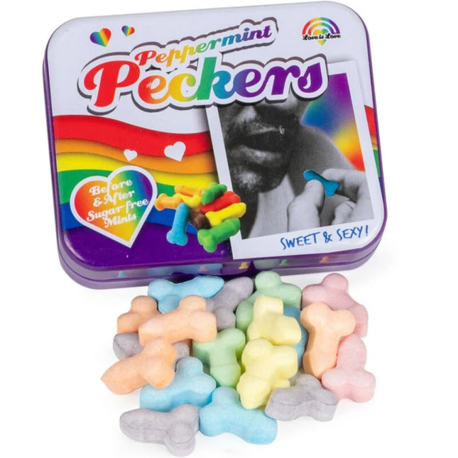 Spencer and fleetwood peckers mint rainbow candy zeigt regenbogenfarbene keksförmige pfefferminzbonbons in violettem blechdose