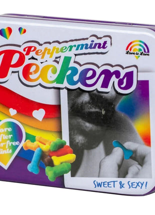 Spencer and fleetwood peckers mint rainbow candy in a purple white tin with rainbow hearts love is love logo and lips photo