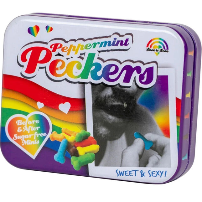 Spencer and fleetwood peckers mint rainbow candy in a purple white tin with rainbow hearts love is love logo and lips photo