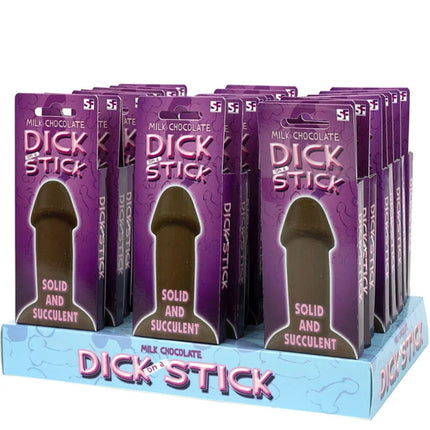 Milk chocolate dick stick in glossy purple packaging with pink lettering from spencer & fleetwood