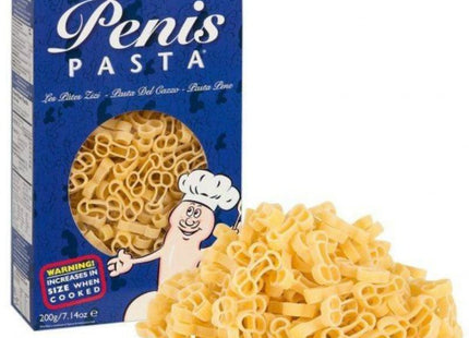 Blaue box mit penisförmiger pasta 200 g von spencer und fleetwood mit cartoon-kochmaskottchen und pasta in penisform