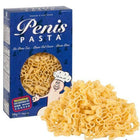 Blaue box mit penisförmiger pasta 200 g von spencer und fleetwood mit cartoon-kochmaskottchen und pasta in penisform