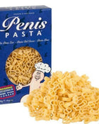 Blaue box mit penisförmiger pasta 200 g von spencer und fleetwood mit cartoon-kochmaskottchen und pasta in penisform