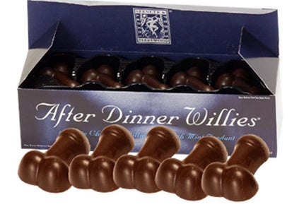 Dunkle schokoladenpralinen in phallusform in blauer box nach abendessen von spencer und fleetwood 8 einheiten