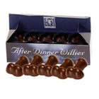 Dunkle schokoladenpralinen in phallusform in blauer box nach abendessen von spencer und fleetwood 8 einheiten