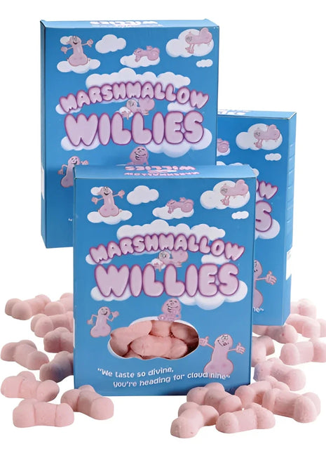 Spencer und fleetwood süße wolken pinke, penisförmige marshmallow candies in blauer box marshmallow willies