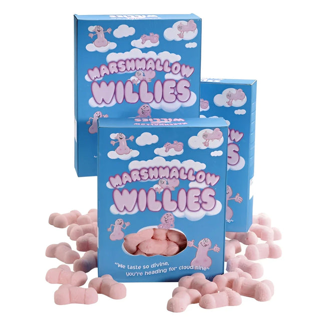 Spencer und fleetwood süße wolken pinke, penisförmige marshmallow candies in blauer box marshmallow willies