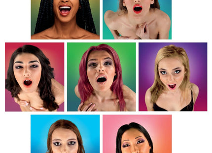 Eine collage von sieben frauen mit überraschten ausdruck gegen farbige hintergründe für spencer & fleetwood wanky hankies damentaschentücher