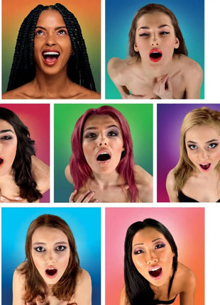 Eine collage von sieben frauen mit überraschten ausdruck gegen farbige hintergründe für spencer & fleetwood wanky hankies damentaschentücher