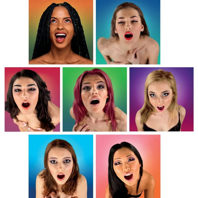 Eine collage von sieben frauen mit überraschten ausdruck gegen farbige hintergründe für spencer & fleetwood wanky hankies damentaschentücher