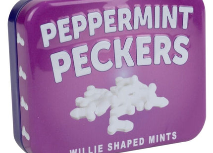 Lila rechteckige blechdose mit peppermint peckers willie förmigen zuckerfreien minzbonbons von spencer und fleetwood