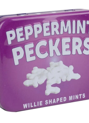Lila rechteckige blechdose mit peppermint peckers willie förmigen zuckerfreien minzbonbons von spencer und fleetwood