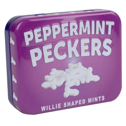 Lila rechteckige blechdose mit peppermint peckers willie förmigen zuckerfreien minzbonbons von spencer und fleetwood