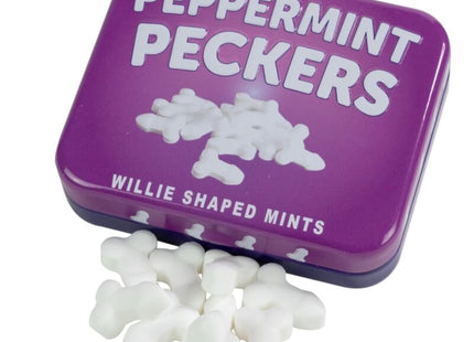 Lästige zuckerfreie minzbonbons in lila rechteckiger dose in penisform von spencer & fleetwood