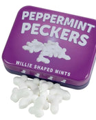 Lästige zuckerfreie minzbonbons in lila rechteckiger dose in penisform von spencer & fleetwood