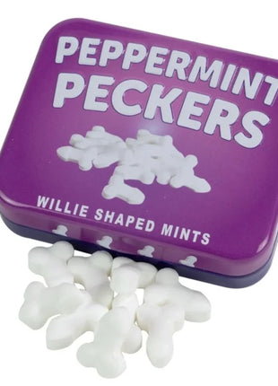 Lästige zuckerfreie minzbonbons in lila rechteckiger dose in penisform von spencer & fleetwood